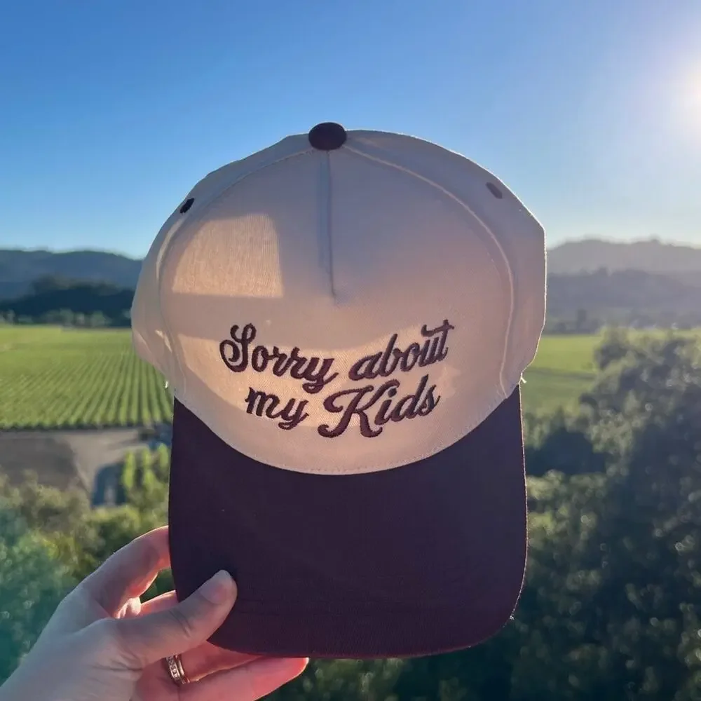 Sorry About My Kids Embroidered Trucker Hat Burgundy Cream Mesh Snapback Cap